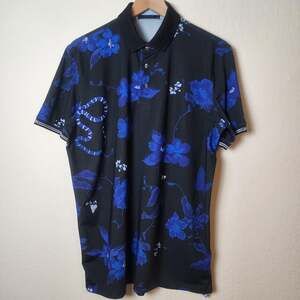 Greyson Polo Shirt Mens Medium Black Blue Floral Snake Golf Performance Stretch